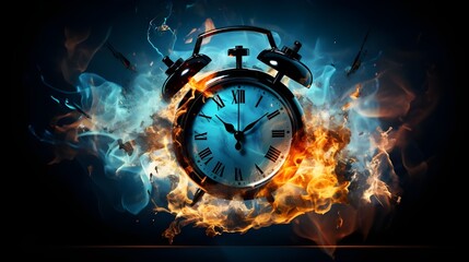 Fototapeta na wymiar Clock fireburning with smoke on the blue dark background.