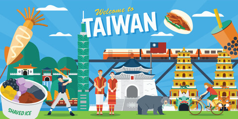 Obraz premium Taiwan travel banner with people and famous attractions