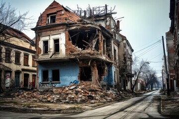 Ruined house in the city. World war