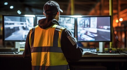 security worker with security monitors, security worker at he work, close-up of security worker, security worker looking on monitor