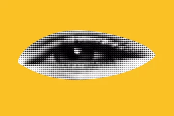 Foto op Aluminium An eye cut out as if from a magazine. Isolated as png.. Vector halftone elements for collage on yellow background. © annetdebar