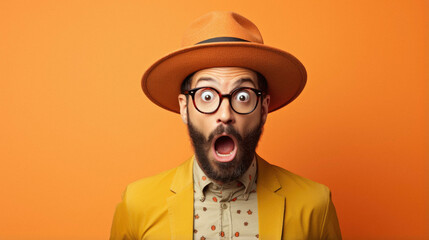 Young handsome bearded man with glasses and beard wearing orange and red hat surprised and amazed with open mouth.