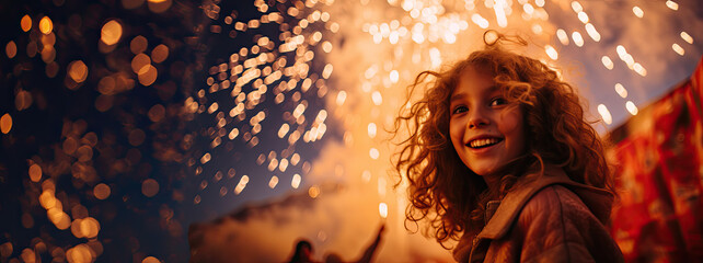 joyful young girl captured in awe of a dazzling firework spectacle, amazed face of a lady with curly hair, a luminous orange background contrasting with the blue of the night, panoramic view  - obrazy, fototapety, plakaty