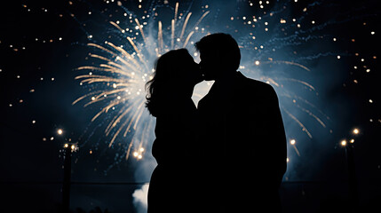 silhouette of a couple kissing in front of a magnificent fireworks display against a night sky, 
wonderful memory of a holiday for a wedding or New Year's Day