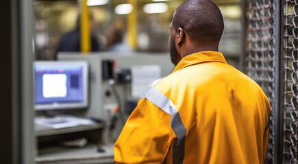 security worker with security monitors, security worker at he work, close-up of security worker, security worker looking on monitor