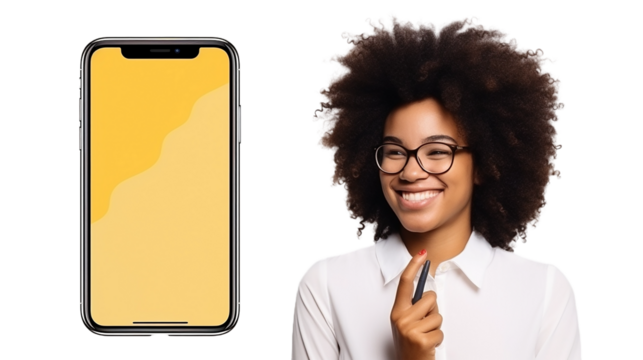 Positive African American female student with curly hair holding a smart pen looks at the phone screen for advertising,