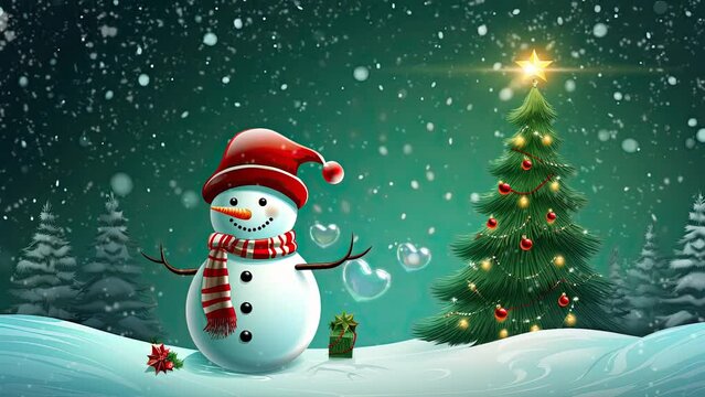 Christmas celebration with a cute concept with a snowman wearing a red sweater and green hat with a Christmas tree and lights. seamless looping time-lapse virtual 4k video animation background