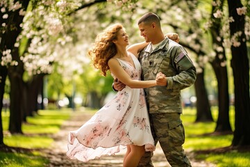 Naklejka premium Happy military couple man and woman celebrating his return from the war dancing outdoors