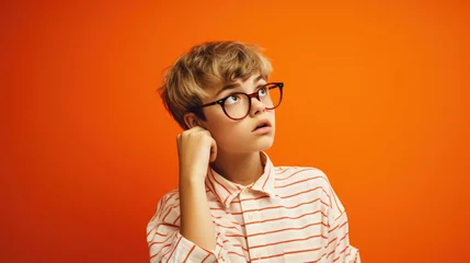 Fotobehang Boy wearing glasses and shirt over orange background looking away thinking. © Synthetica