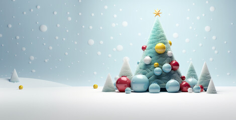 Abstract Christmas tree of felt and balls. Funny Merry christmas and happy new year greeting card with copy space for text.