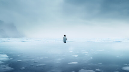 This stunning minimalist photograph encapsulates the essence of solitude and stark natural beauty in an icy wilderness. The wide-angle composition frames a lone penguin