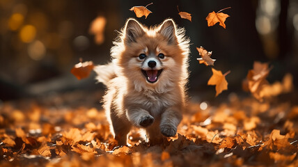Obraz premium a cute fox runs in leaf fall through autumn leaves a view of wild nature the joy of change, a dynamic scene of flying leaves