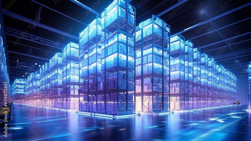 Poster warehouse technology of the future, warehouse program, neon background, futuristic computer graphics