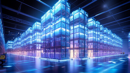 warehouse technology of the future, warehouse program, neon background, futuristic computer graphics design - obrazy, fototapety, plakaty