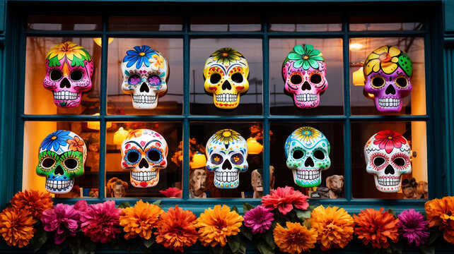 Day of the Dead sugar skulls on a shop window in Mexico City generativa IA