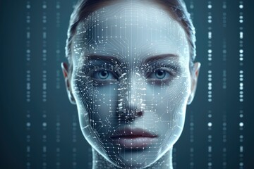 Artificial intelligence in humanoid head with neural network thinks. AI with Digital Brain is learning processing big data, analysis information. Face of cyber mind. Technology background concept.