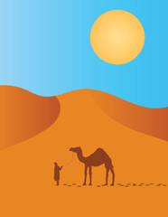 Nomad with Camel in the Desert. Nature and life concept vector.