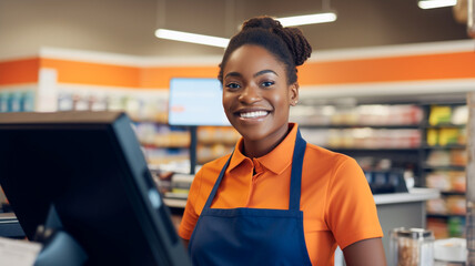 Portrait of smiling female cashier working in grocery store. Young African American woman wearing uniform, posing at cash register counter in supermarket. - obrazy, fototapety, plakaty