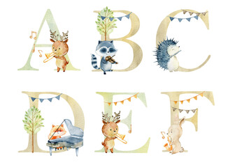 Watercolor musical animals letters for invitation card, nursery poster and other.