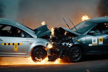 Autos beim Crash Test mit zertrümmerter Fahrzeugfront.