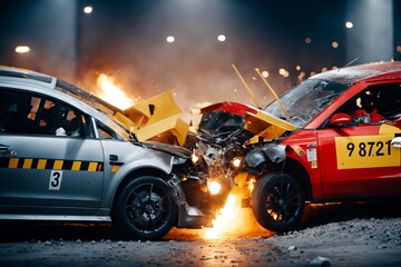 Autos beim Crash Test mit zertrümmerter Fahrzeugfront.