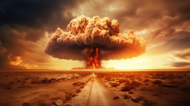 Terrible explosion of a nuclear bomb with a mushroom in the desert. Hydrogen bomb test. Nuclear catastrophe