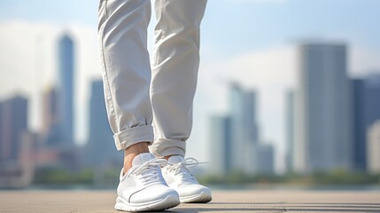trendy man showcases his pristine white shoes, taking confident steps on the city pavement - obrazy, fototapety, plakaty