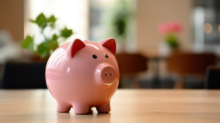 pink piggy bank stands prominently on a table, symbolizing savings and financial growth