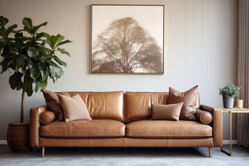 Modern and elegant living room with a comfortable sofa, stylish furniture and a blank photo frame on the wall.