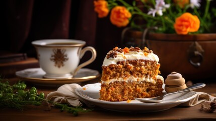delectable slice of carrot cake beside a warm cup of tea, set for a cozy afternoon - obrazy, fototapety, plakaty