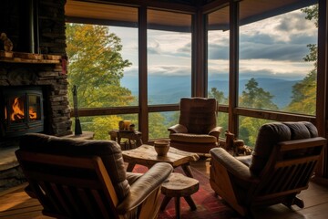 A beautiful view of the mountains from the interior of a wooden house, outside the window there is a relaxing and picturesque natural landscape.