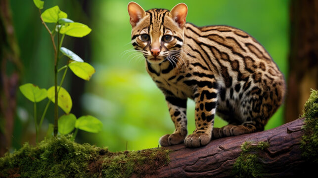 Predatory ocelot in the forest in summer.