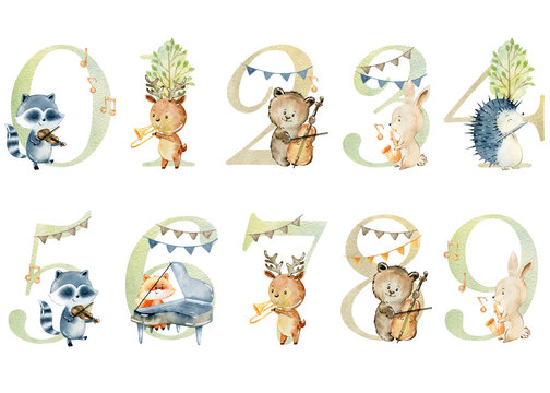 Watercolor musical animals numbers for invitation card, nursery poster and other.