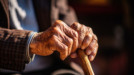 The hand of an elderly man gripping a wooden walking stick - obrazy, fototapety, plakaty