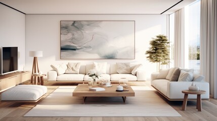 Fototapeta premium luminous bedroom adorned with white furnishings and captivating art