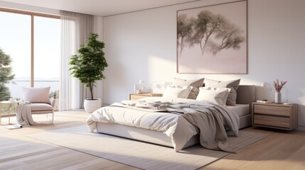 Fototapeta na wymiar luminous bedroom adorned with white furnishings and captivating art