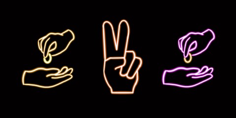 Neon Finance Set, Hand, Coin, Giving. glowing desktop icon, neon sticker, neon figure, glowing figure, neon geometrical figures 
