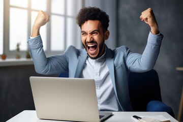 Happy young man feeling winner rejoicing online win got new job opportunity overjoyed motivated mixed race girl student receives good test results on laptop celebrating admission - obrazy, fototapety, plakaty