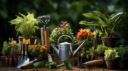 Gardening tools artfully arranged on lush, vibrant grass, ready for a day of planting