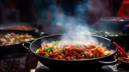 A freshly prepared street food dish, with steam rising, presented in a minimalist style against the market's commotion. - obrazy, fototapety, plakaty