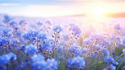 Fototapeta premium forget-me-nots, landscape in a field on a foggy morning, small wild flowers, delicate soft color softpastel tones