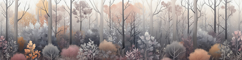 soft color panorama autumn forest landscape, narrow drawing for website design in pastel tinted light - obrazy, fototapety, plakaty