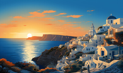 Fototapeta premium Illustration of Santorini island of Greece, presentation picture, colorful illustration, travel postcard, tourism promotion concept, Generative AI