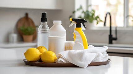 basket of cleaning essentials set against a sleek kitchen backdrop