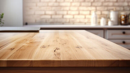 smooth wood table surface set against a softly blurred kitchen background