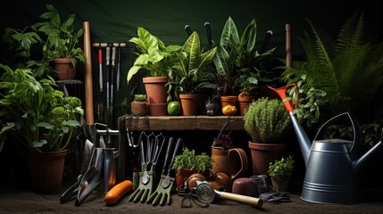 Gardening tools artfully arranged on lush, vibrant grass, ready for a day of planting