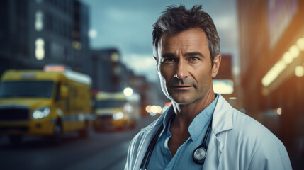 Fototapeta premium Image of a Emergency doctor with ambulance behind driving through the city. Blur bokeh.
