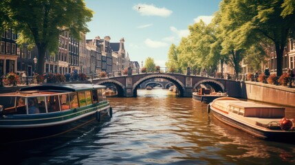 Fototapeta na wymiar Boats gliding gracefully along age-old canals
