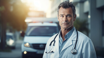Image of a Emergency doctor with ambulance behind driving through the city. Blur bokeh. - obrazy, fototapety, plakaty