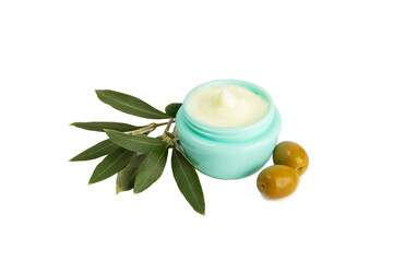 Obraz na płótnie Canvas Jar of natural olive cream with olive oil extract isolated on white background. Cosmetic tube. Moisturizing cosmetic cream for skin. Body care. Beauty concept. Hand cream.